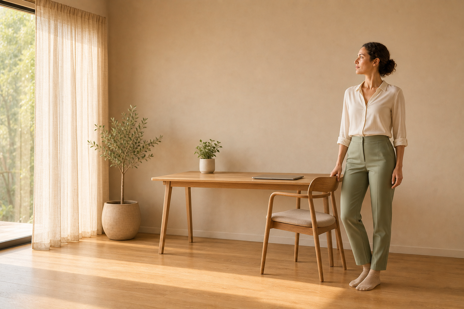 Femme debout près d'une chaise dans un bureau lumineux
